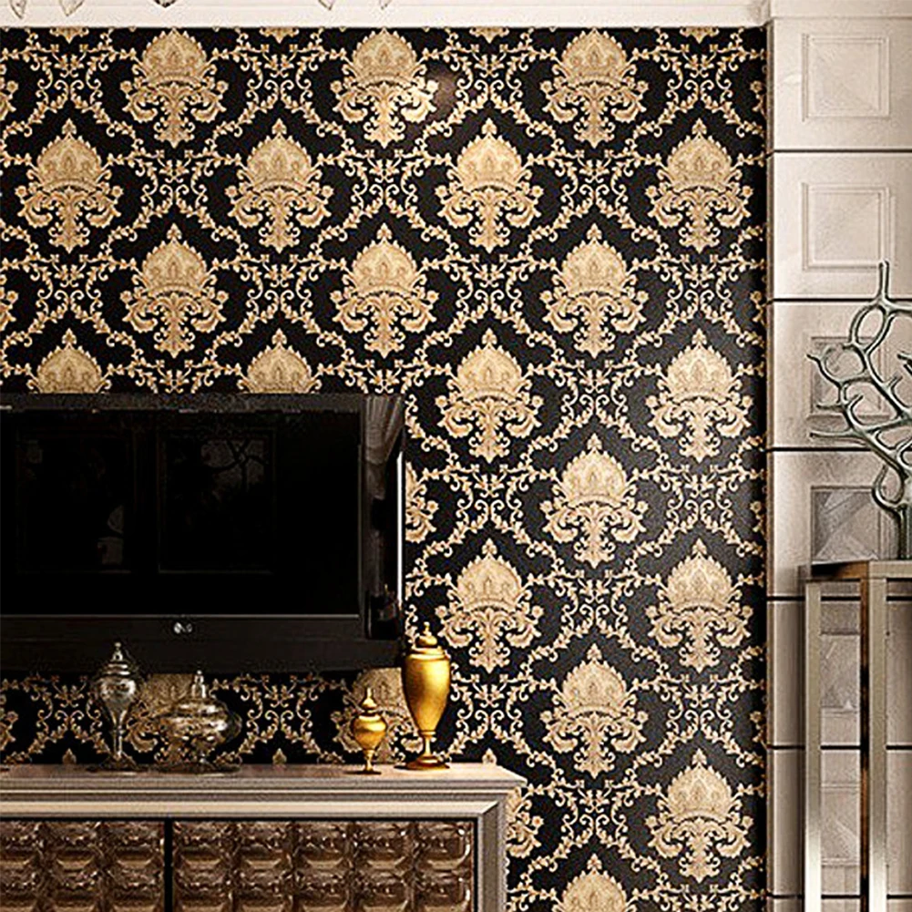 European Luxury Damask Wallpaper 3D Embossed Black Gold Wall Paper Baroque Wall Covering for Living Room Bedroom Home Decor