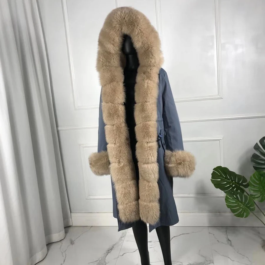 Winter Real Fur Parkas Women Jacket Fox Fur Collar Cuffs Rabbit Fur Lined Outwear Long Warm Fashion Fur Parkas