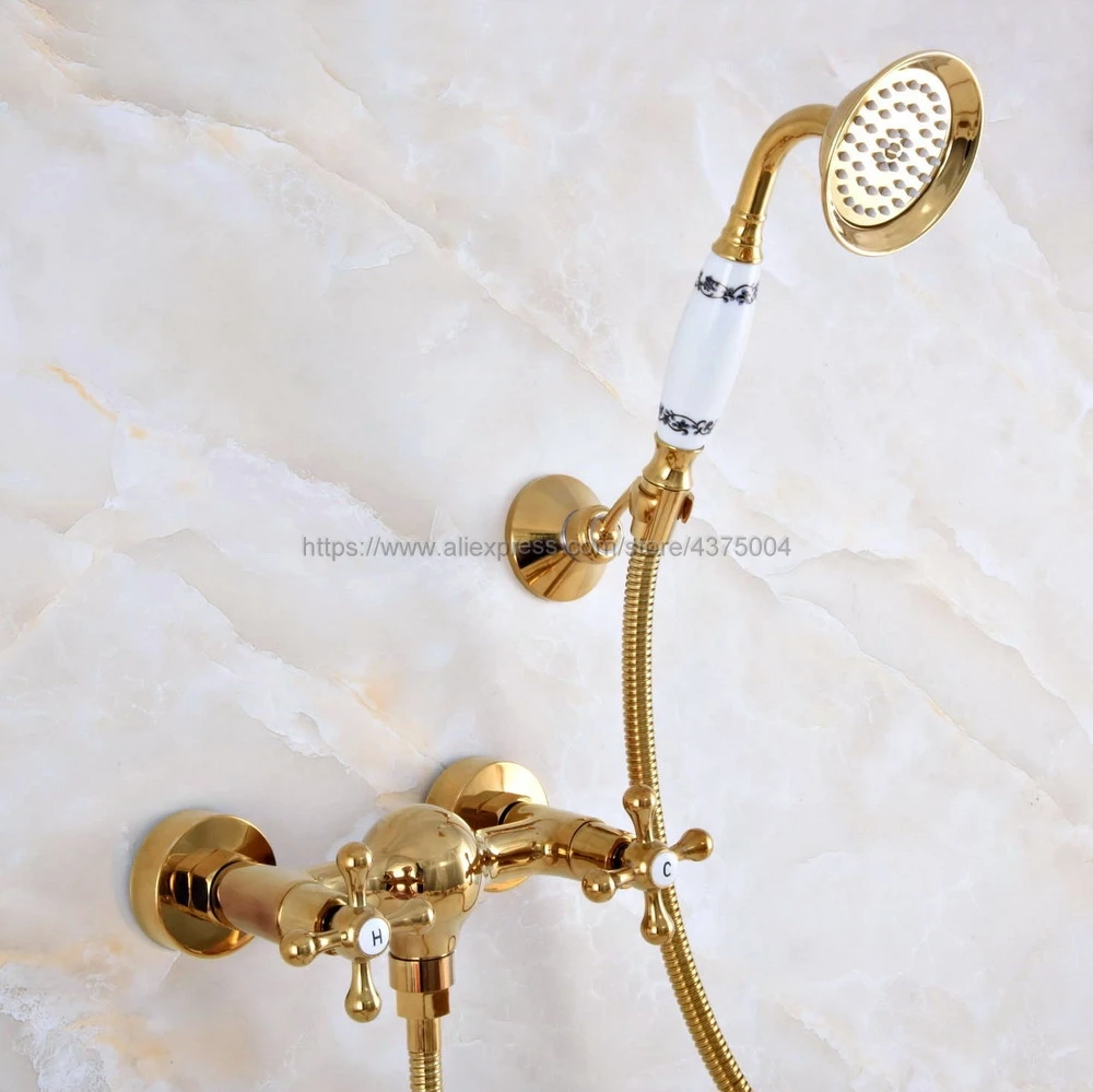 

Gold Color Brass Bathroom Shower Faucet Mixer Tap With Hand Shower Head Shower Faucet Set Wall Mounted Nna967