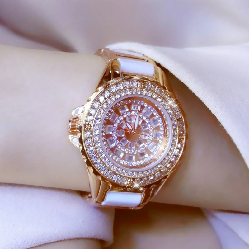 Reloj de cuarzo de lujo para mujer, de oro rosa, de cerámica, femenino