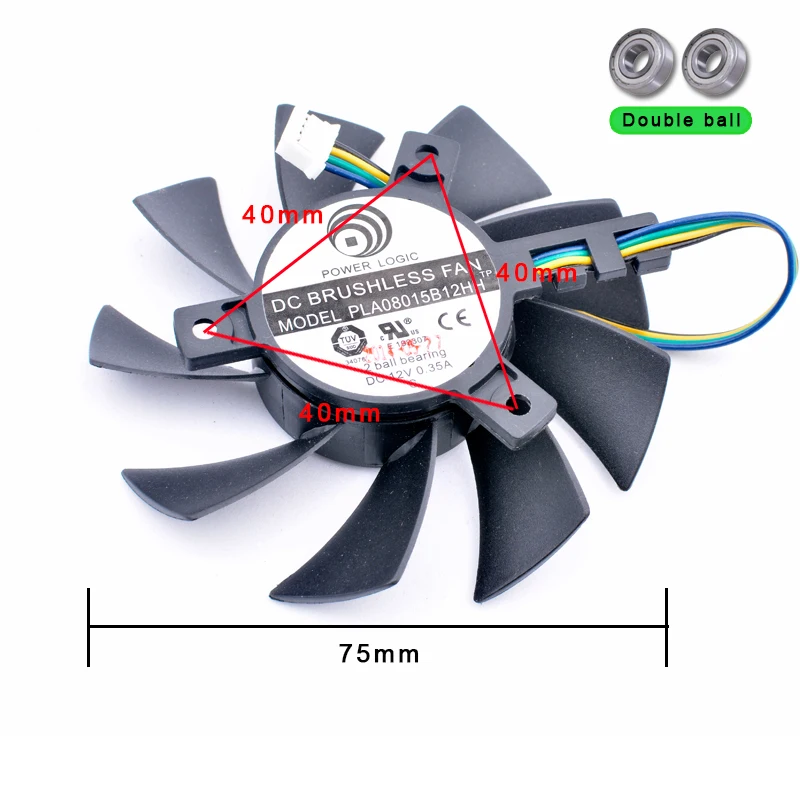 PLA08015B12HH Diameter 75mm, hole pitch 40mm DC12V 0.35A 4 lines 4pin Double ball bearing cooling fan for graphics card