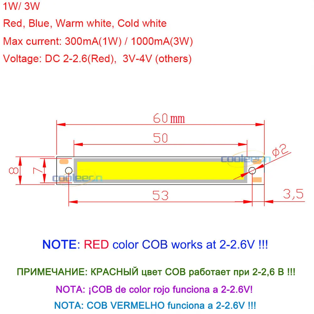 Dropshipping 60x8mm 2V 3V LED Bulb COB Strip 3.7V Chip On Board Warm Cold White Blue Red Color 1W 3W LED Lights COB Work Lamp