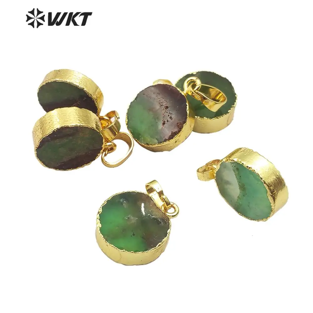 WT-P1509 WKT Wholesale Natural Australia Chrysoprase Stone Pendant Round Shape With Gold Edged Fashion Jewelry For Handmade