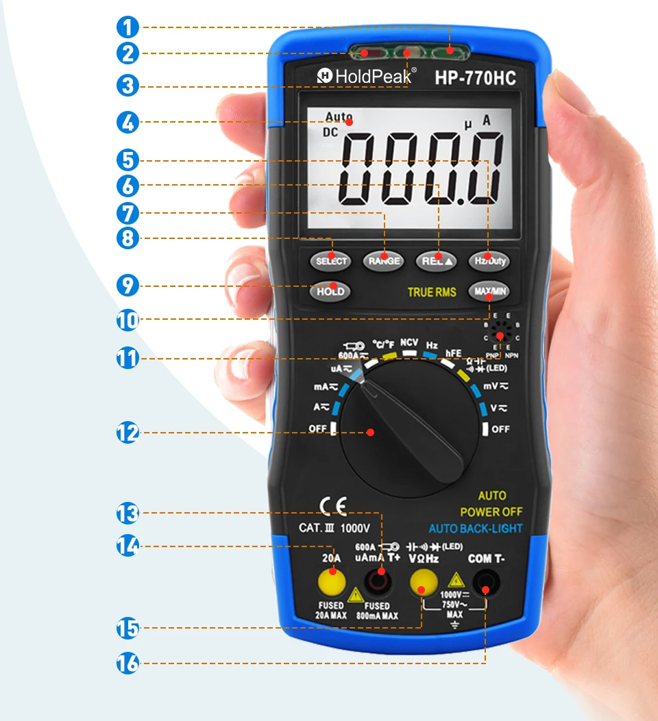 HoldPeak-Digital Multimeter with True RMS, Transistor Tester, Electrical NCV Test Meter, Professional Auto Range Multimetro