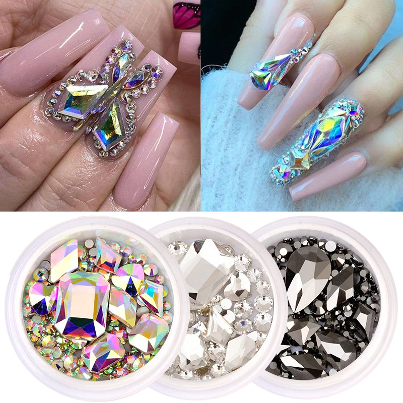 

1Box Glitter Nail Rhinestones Mixed Size Shape AB Color Flat Back Bottom Crystal Gems Stone Beads Nail Art Decorations T0791