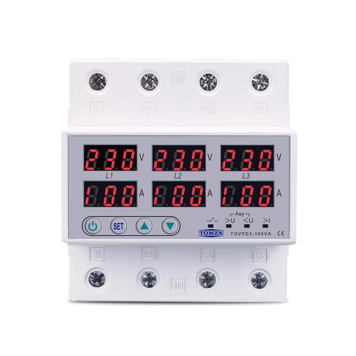 100A 3 Phase Din rail Voltmeter Ammeter adjustable Over and Under Voltage current limit protection Monitor Relays Protector