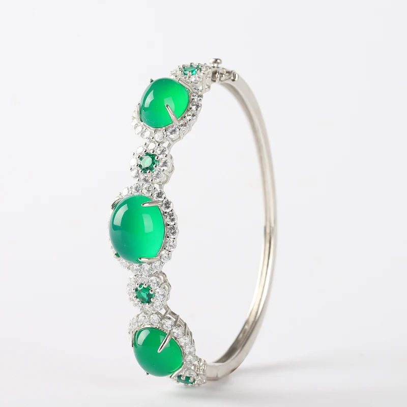 

Sterling Silver 925 Green Bracelet for Women Silver Jade Bangle Cuff Bracelet Thai Jewelry Classic