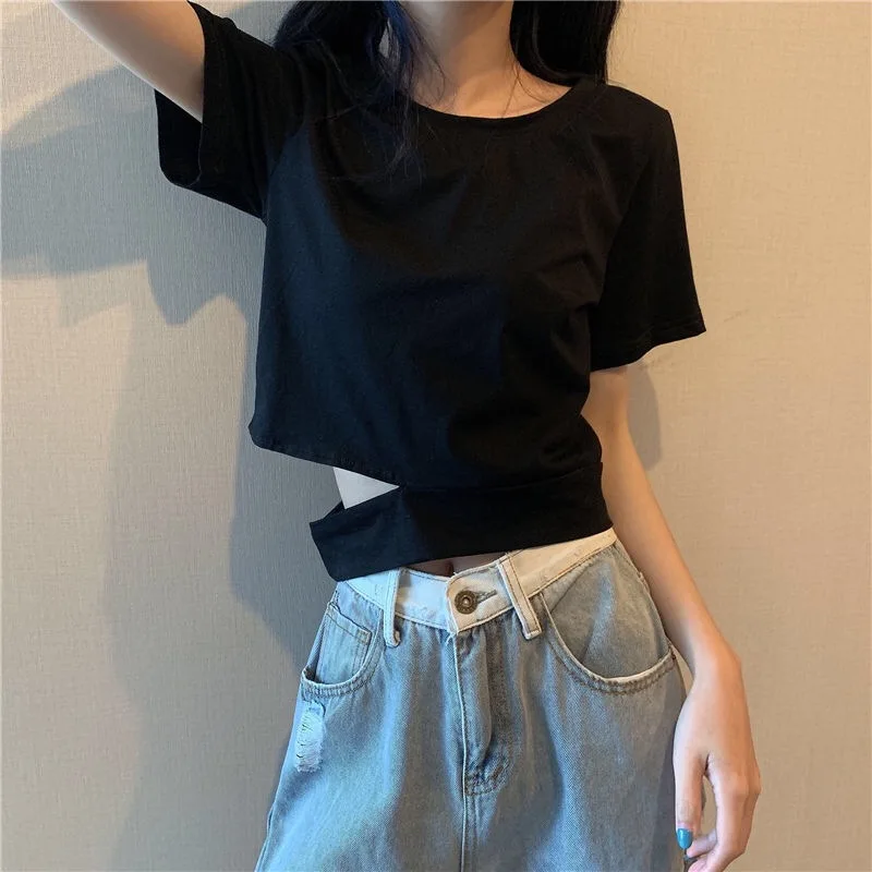 

Woman TShirts 2021 Summer Stripes Short-Sleeve Sexy Hollow Out T-Shirts Women Cotton Shirt Crop Tops Streetwear Mujer Camisetas