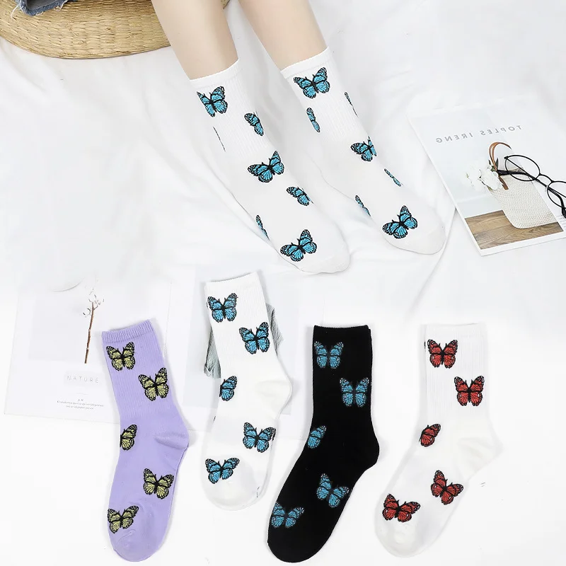 New Butterfly Socks Women Streetwear Harajuku Crew Kawaii Stripe Fashion Ankle Funny Embroidered Expression