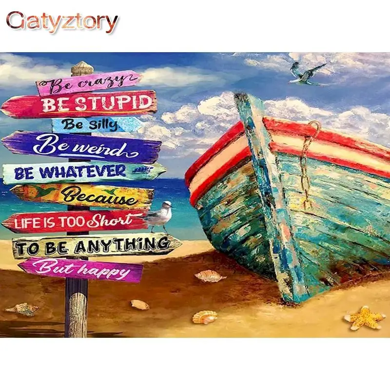 GATYZTORY Painting By Numbers 60x75cm Frame Beach Wooden Boat Landscape Diy Oil Picture Home Decoration Acrylic Paint Drawing On