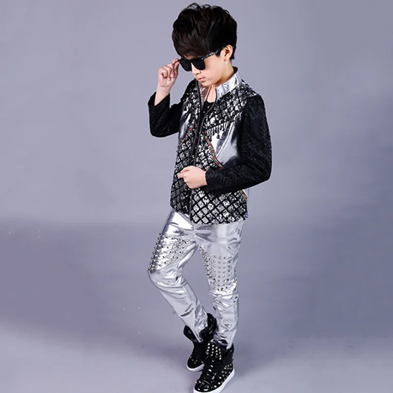 Jazz Costumes Boys Silver Fashion Sequined Jacket Children Stage Outfit Hiphop Kids Street Dance Clothes Children Wear DNV11839