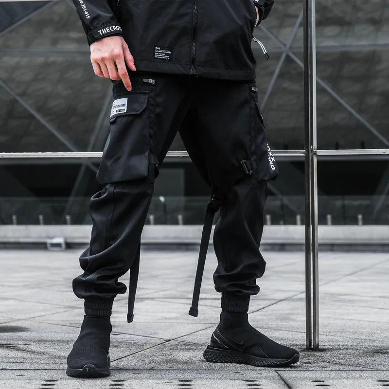 Calças de carga funcional tático joggers calças de cintura elástica preto dos homens hip hop streetwear multi-bolso calças techwear wb350