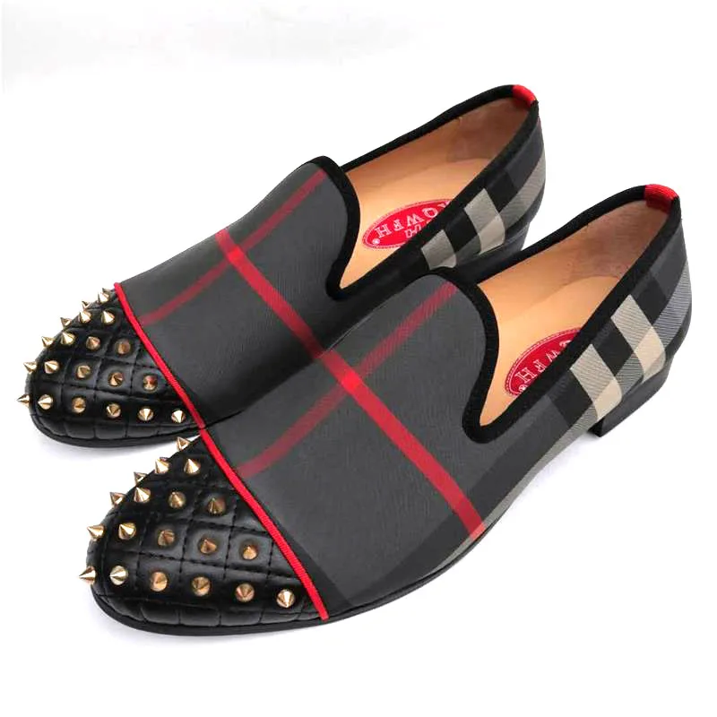 

XQWFH Red Stripes Loafers Fashion Slip On Casual Shoes Plus Size Handmade Men Dress Moccasins