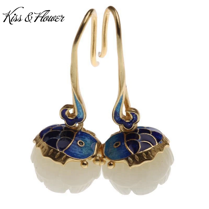 

KISS&FLOWER ER393 Fine Jewelry Wholesale Fashion Woman Girl Mother Birthday Wedding Gift Cloisonne Lotus 24KT Gold Drop Earrings