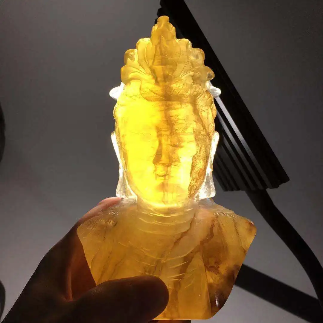 

Natural Yellow Fluorite Crystal Crafts Guanyin Buddha Statue Carving Sculpture For Home Decor Fengshui Meditation Ornaments