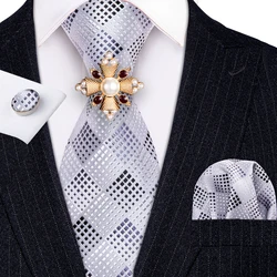 Gray Plaid Silk Tie Brooches Men Wedding Tie Hanky Set Barry.wang 8.5cm Fashion Designer Neckties for Men Gift Party Geometric