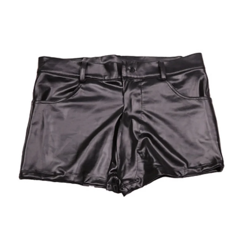 Plus Size Casual Sexy Men U Convex Pouch Boxer PU Oil Black Boxers Shorts Zipper Open Faux Leather Underwear Cool Male Sports