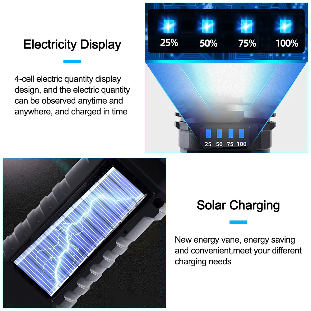 Solar USB Rechargeable LED Flashlight COB Side Light 4 Gears Strong Light 1200mah  Power Display Waterproof Outdoor Lantern