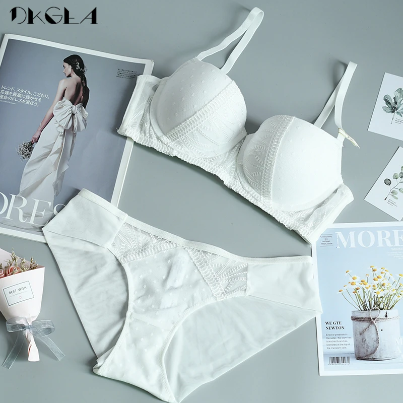 Fashion Women Underwear Set Thick Brassiere Gather Black Lingerie Embroidery Lace Plus Size D Cup Sexy Push-Up Bra Sets White