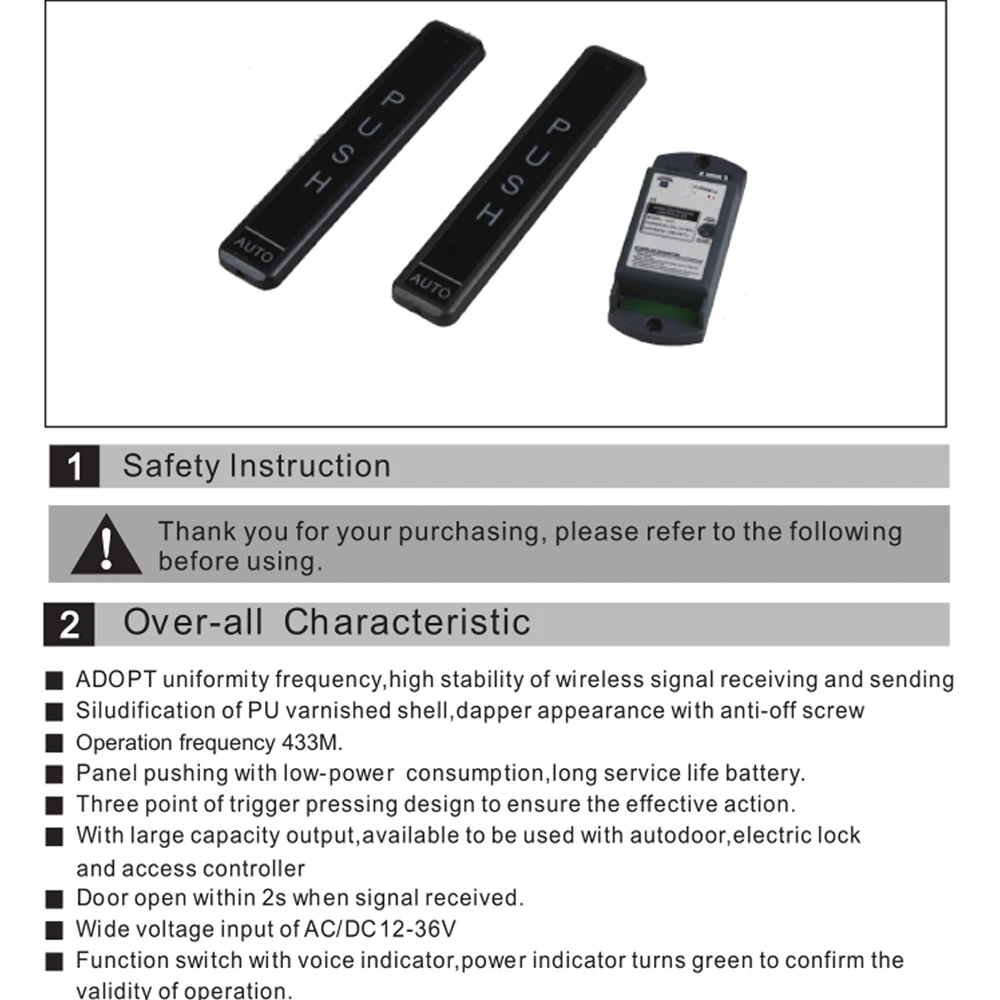 Interruptor de botón de salida inalámbrico con control remoto para abridor de puerta automático, sistema de acceso de cerradura de puerta, botón de liberación de presión manual