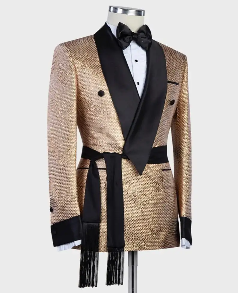 Esmoquin árabe de lujo dorado para hombre, traje Formal de boda con cinturón, chaqueta individual hecha a medida, traje de novio y novio