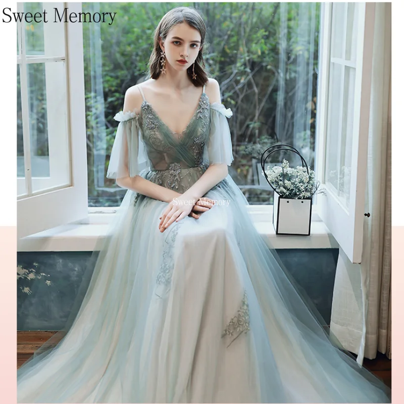 Sweet Memory – robe de demoiselle d'honneur en Tulle, longue longueur au sol, avec des Appliques à lacets, robe de soirée formelle Sexy pour femmes, robe de bal, 2021