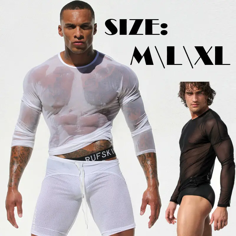 Hirigin Mens Undershirt Gay clothing Nylon Mesh Shirt See Through Sheer Long Sleeves T Shirts Sexy transparent shirt Underwear