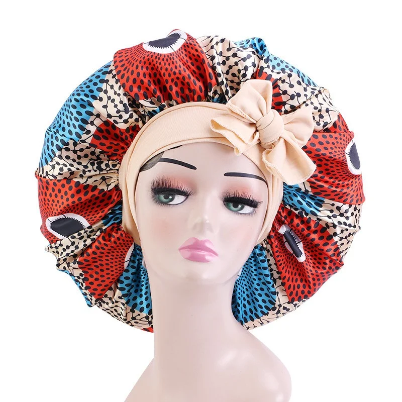 Elastic Band Large Satin Bonnet Sleeping Cap Women African Pattern Ankara Print Hat Adjustable Night Sleep Cap Soft Headcover