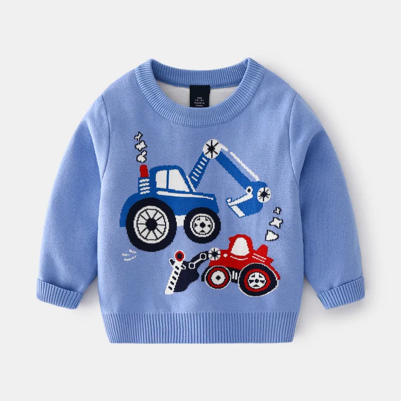 New 2021 Autumn Winter Kids Pullover Sweater Boys Cartoon Excavator Jacquard Thick O-neck Knitted Jumper Sweaters Tops Clothing