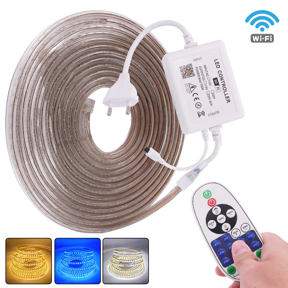 

Tuya WIFI Dimmerable LED Strip AC 220V 120Leds/m 3014 APP Control Waterproof Outdoor Flexible Ribbon Tape White/Warm White/Blue