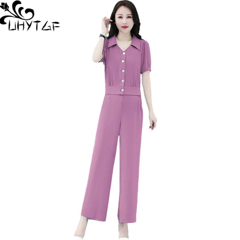 UHYTGF Womens Summer Suit Loose Wide Leg Pants Temperament Female Casual Two-Piece Set Single-Breasted Short Tops Tracksuit 2076