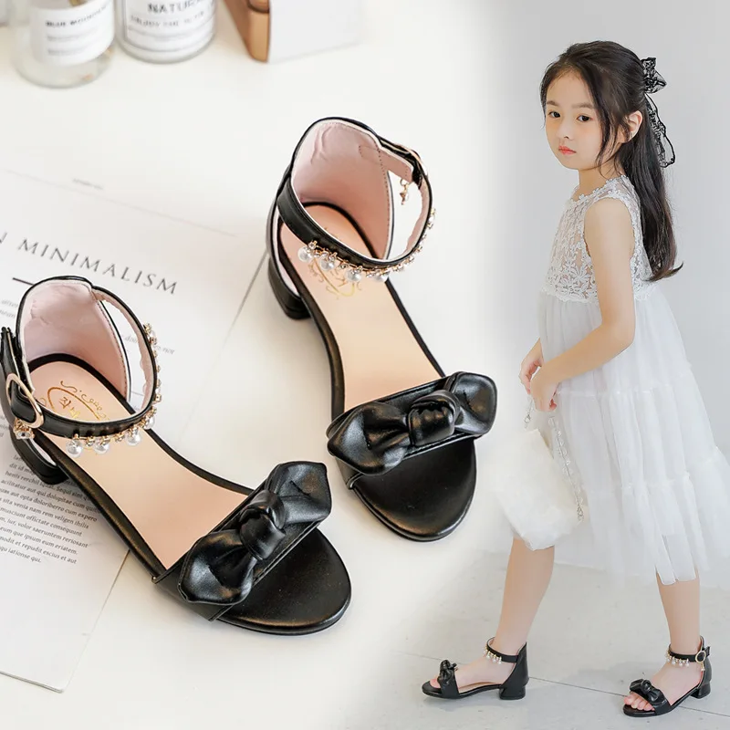 Kids Princess Heels Leather Shoes For Girls Beach Shoes Fashion Bow Crystal Bead Children Summer Sandal 3 5 6 7 8 10 11 12 Years