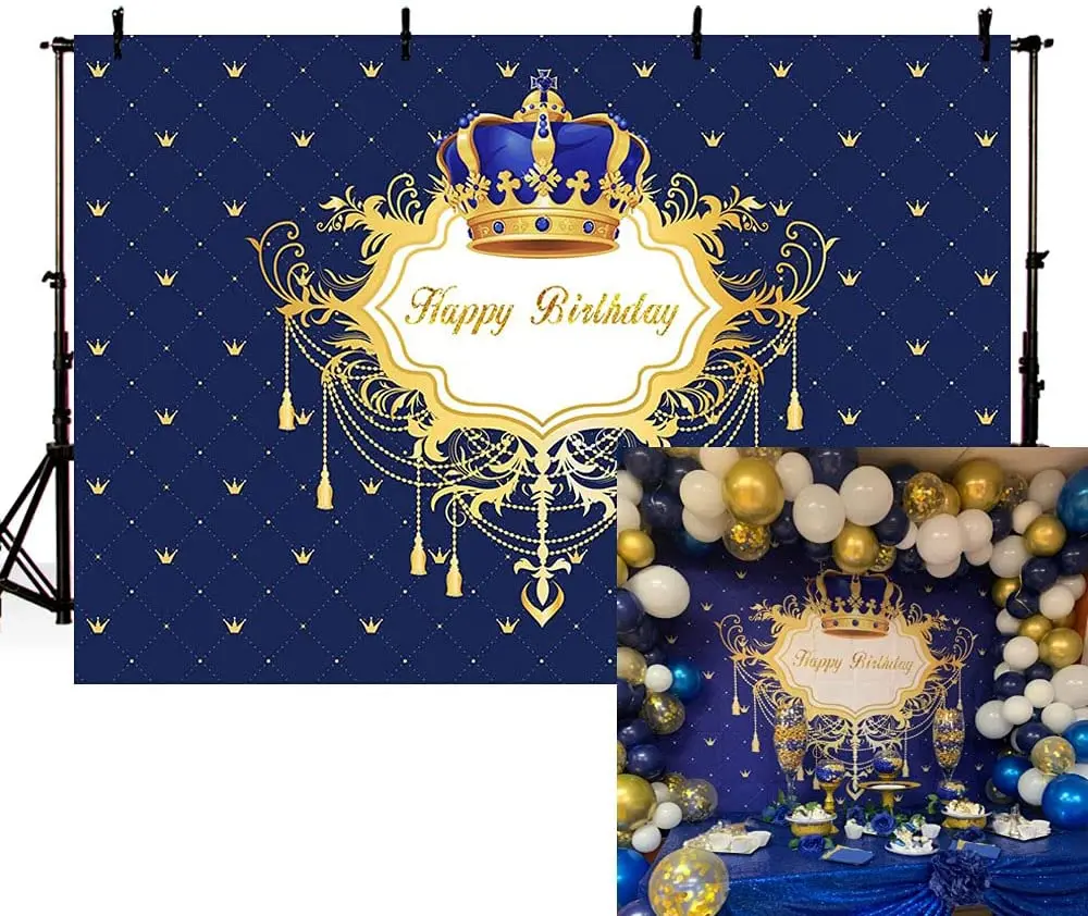 

Blue and Gold Boy Happy Birthday Photo Background Little Prince Crown Royal Celebration Party Decorations Banner Backdrops