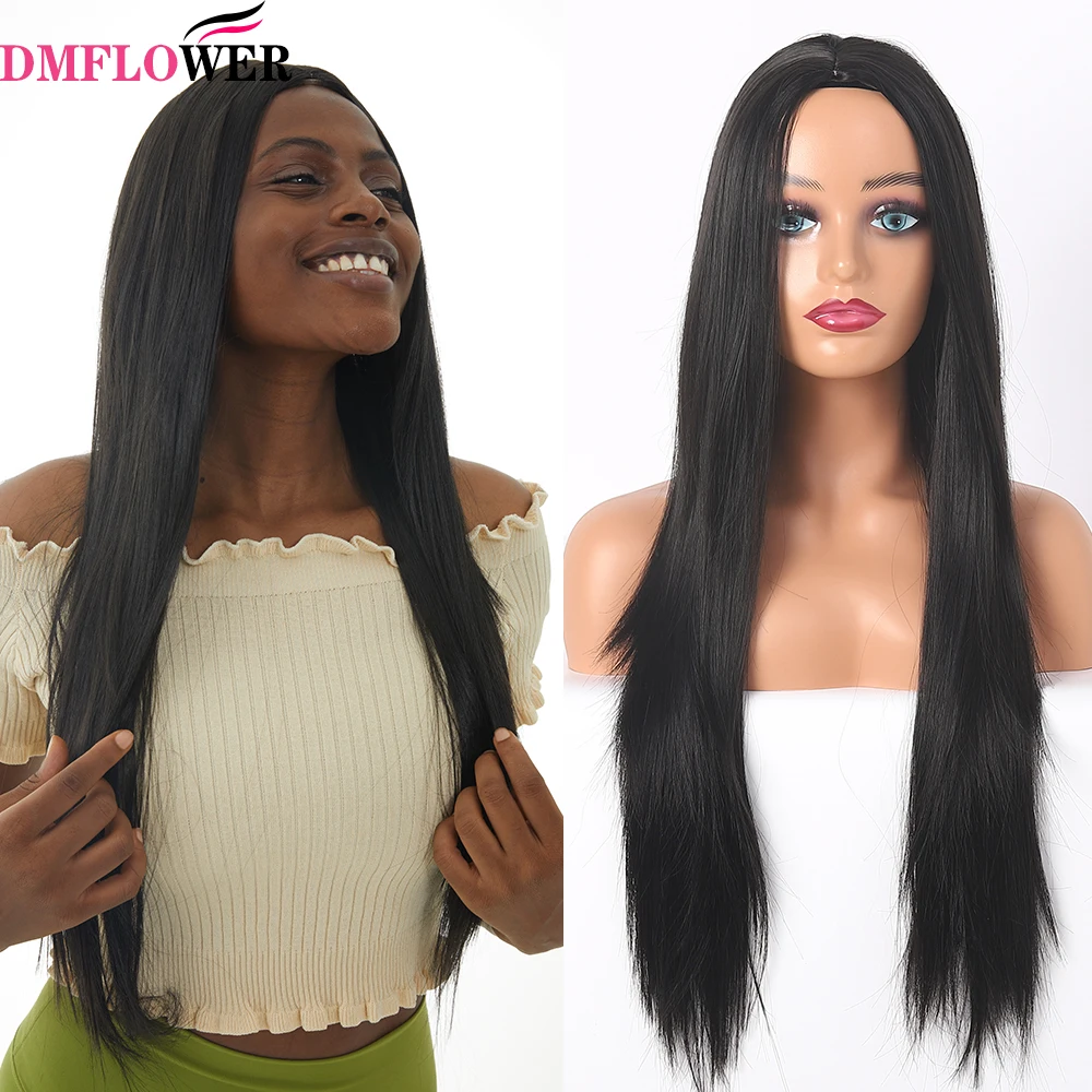 

Black Synthetic Hair Lace Front Wig with Mini Bangs Straight Seamless Pulled Lace Wig for Women