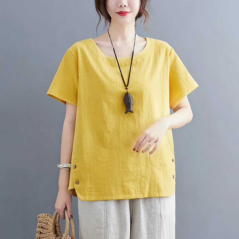 Vintage Pocket Front Plus Size Cotton Linen Top Women Summer Casual Loose Black White Yellow Navy Blouse Shirt Female