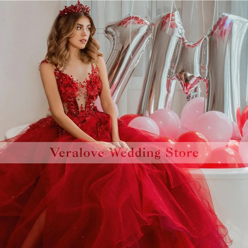 Red Prom Dress Sheer Neck 2021 Split Ball Gown Princess Quinceanera Dress Appliques Lace vestidos do baile de finalist