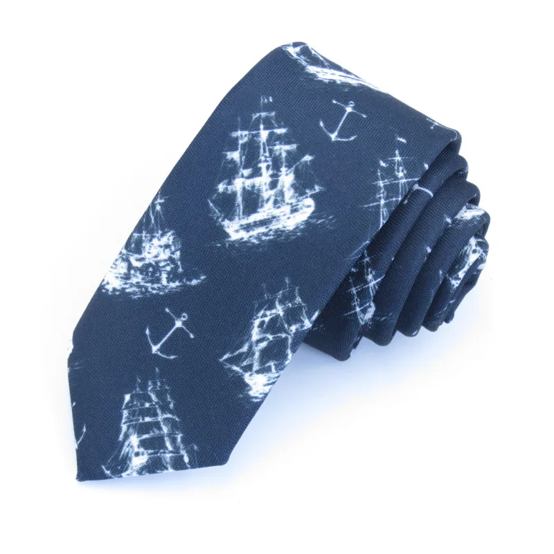 Academic Style Black White Sailing Ship Design Men's And Women's Thin Narrow Tie Casual Creative Personal Accessory
