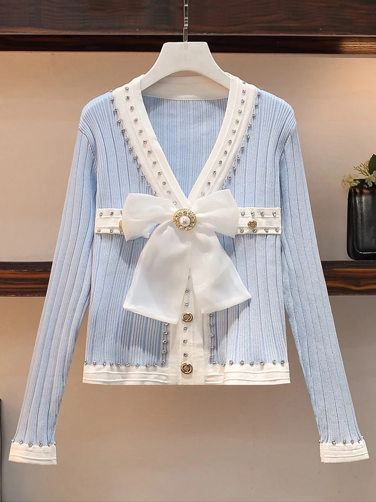 M-5XL Fashion Women Knitted Sweater Elegant V-Neck Beaded Rhinestones Big Bow Pullover Tops Spring Autumn Female Chic Knitwear