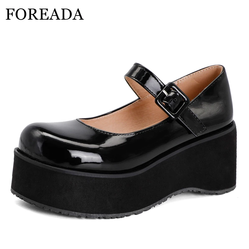 

FOREADA Mary Janes Shoes Kawaii Princess Patent Leather Platform Shoes High Heel Round Toe Wedges Heel Buckle Footwear Female 46