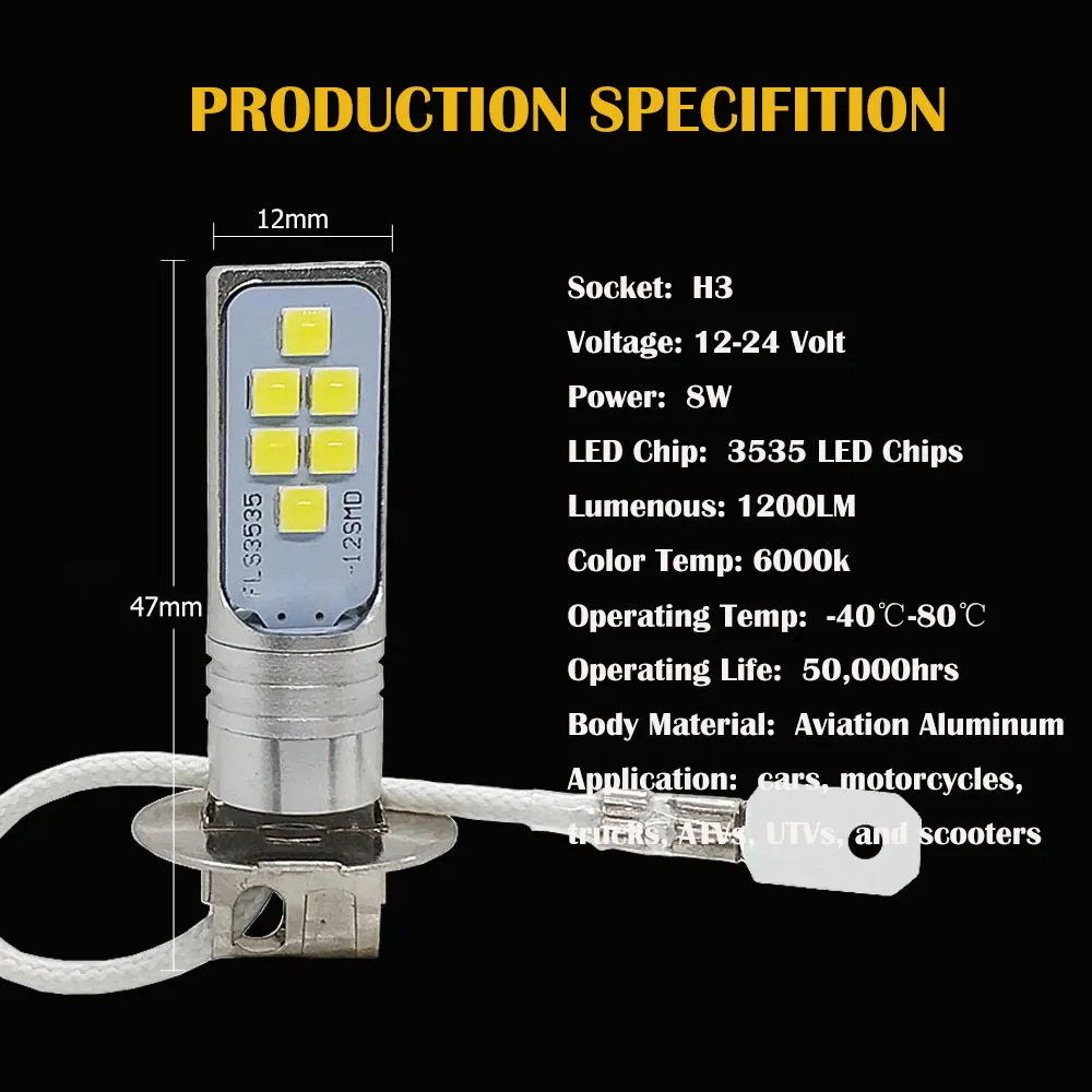 2Pcs H3 Led Bulb Car Fog Light 12 SMD 3535  Super Bright Auto Driving Led Bulbs Running Lamp Cars 12V 24V