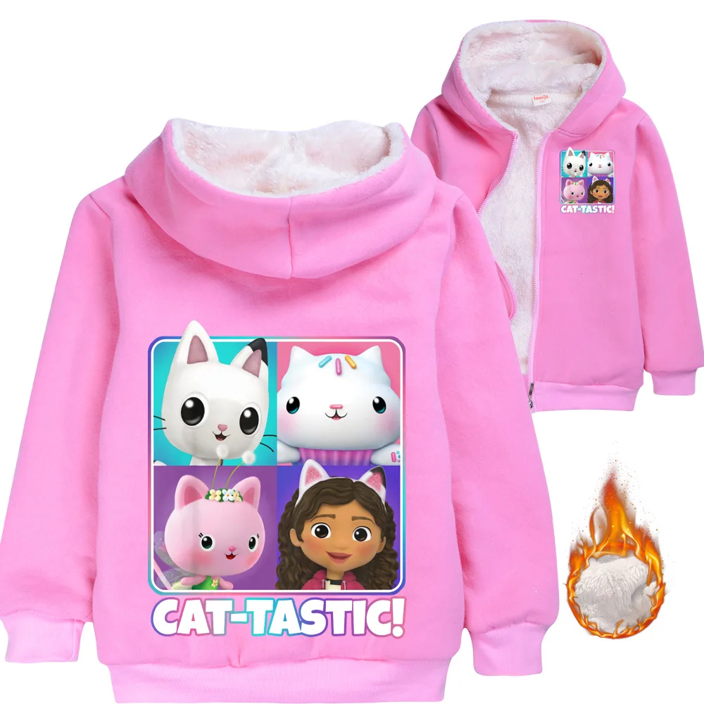 Gabby Cats Kids Clothes Girls Boys Winter Thicken Plush Jackets Fleece Hoodies Long Sleeves Zipper Warm Coat Children Clothing