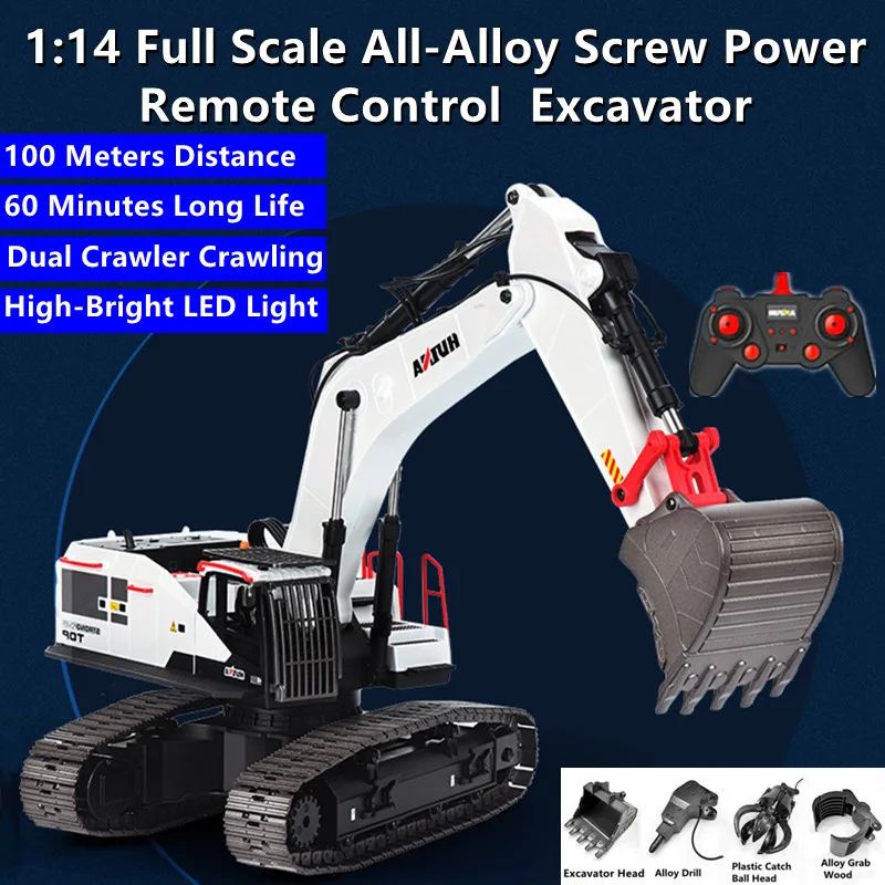 

1:14 All-Alloy Screw Power Remote Control Excavator 100M 60Mins Dual Crawler Crawling Worktable Unlimited Rotation RC Truck Toys