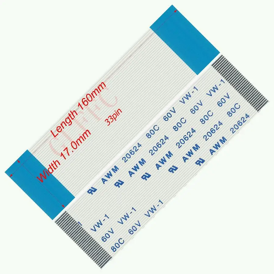 33pin 0.5pitch 160mm-200mm A-type Flexible Flat Cable FFC awm 20624 ROHS for TTL LCD DVD Computer