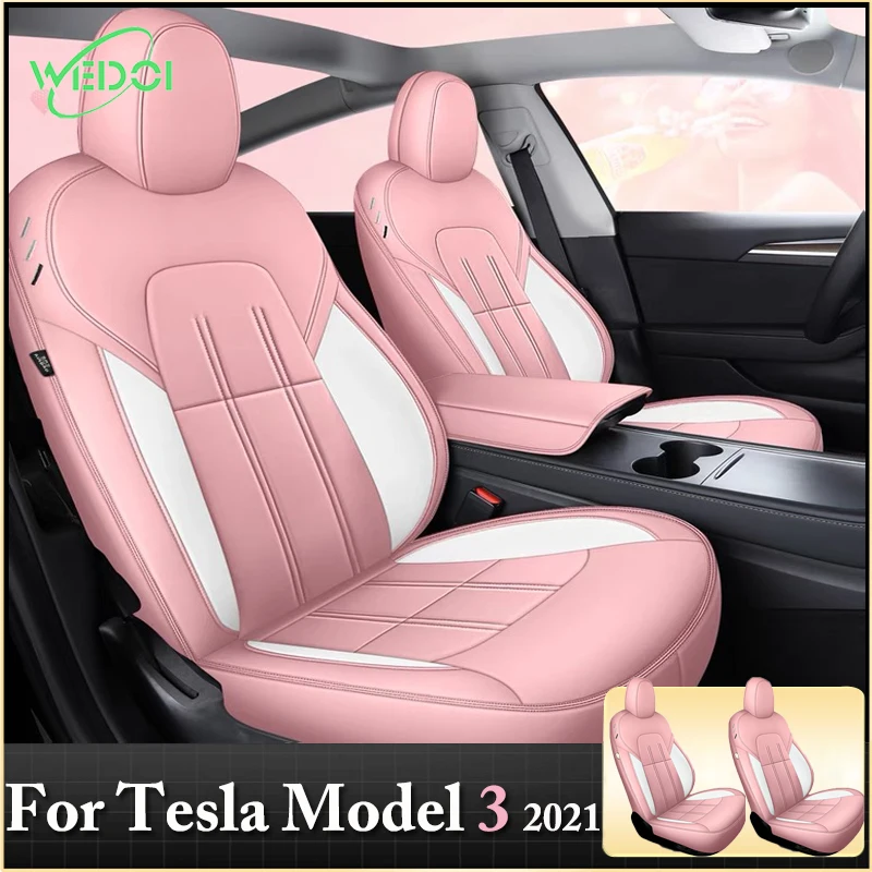 WEDOI Car Seat Cover For Tesla Model 3 2021 PU Leather Pink Full Surrounded Cushion Protector For Tesla Accessories 2021