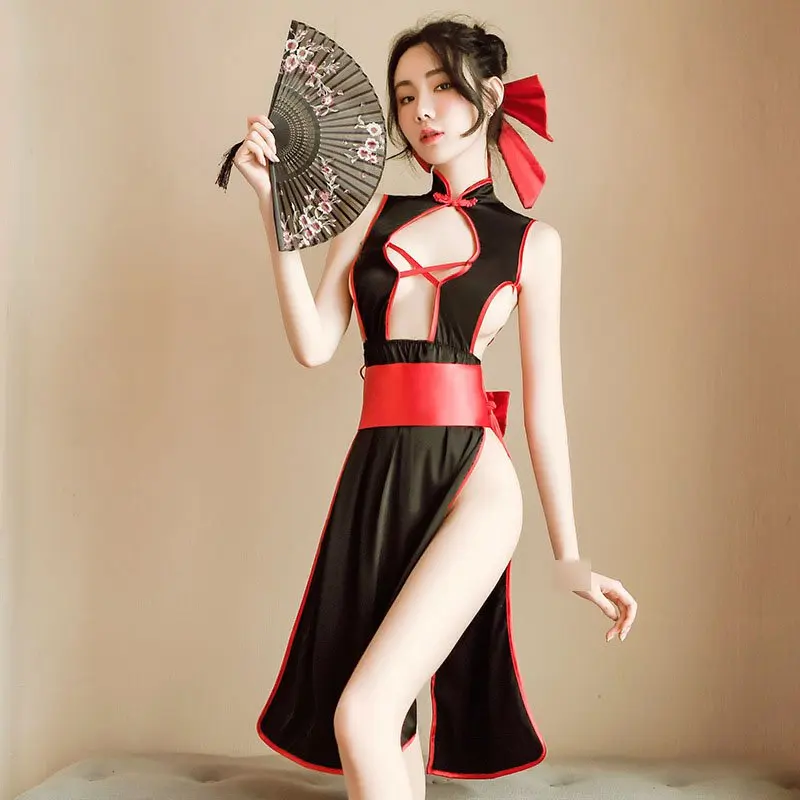 

Exotic Cosplay Costumes Women Chinese Cheongsam Witch Uniform Sexy Babydoll Lingerie Set Halloween Party Slit Dresses Qi Pao