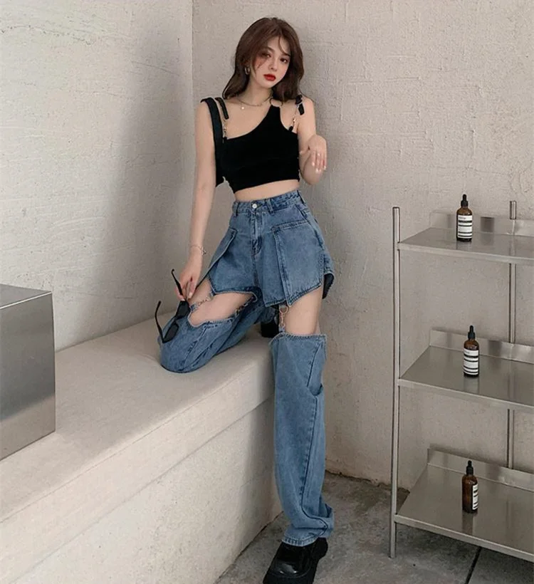 Celana Pendek Denim Berongga Biru Celana Pendek Jeans Pendek Rumbai Sobek Pinggang Tinggi Wanita Musim Panas Celana Kaki Lebar Harajuku