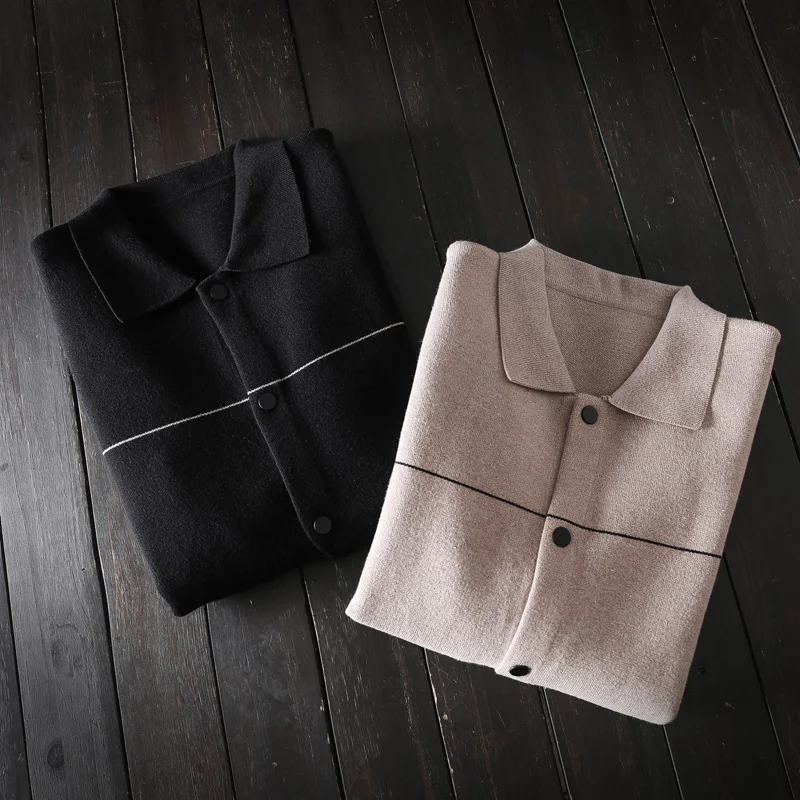 Blends Wool Men Sweater Cardigan Single-Breasted Lapel Pockets Outerwear Spring Autumn Knitting Jacket Korean Style Solid Casual