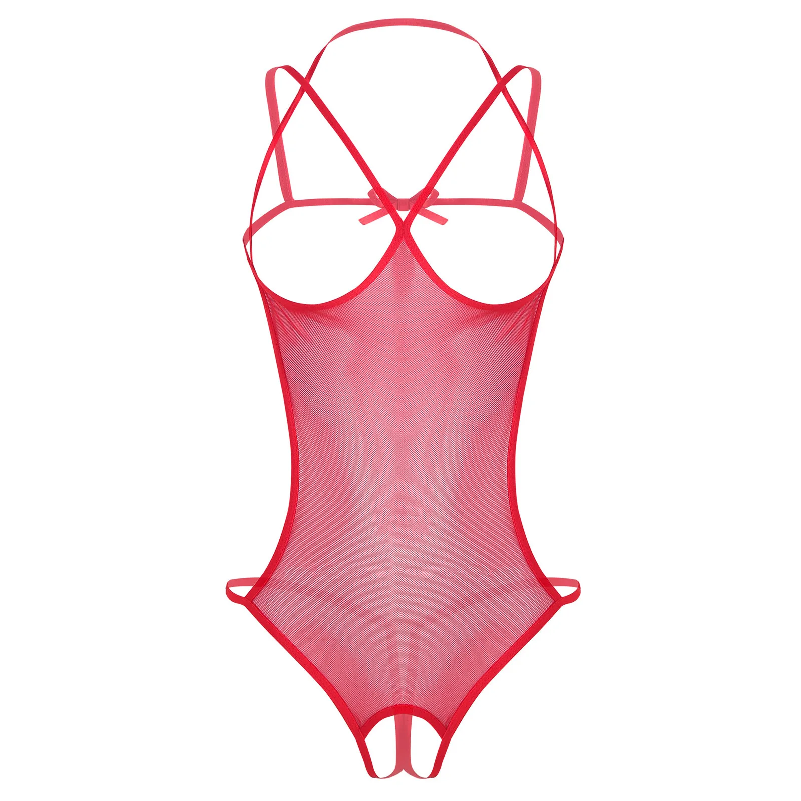 Sexy Womens Sheer Mesh Lingerie Exotic Teddies Catsuit Clubwear See-through Exposed Nipples Breast Crotchless Open Cups Bodysuit