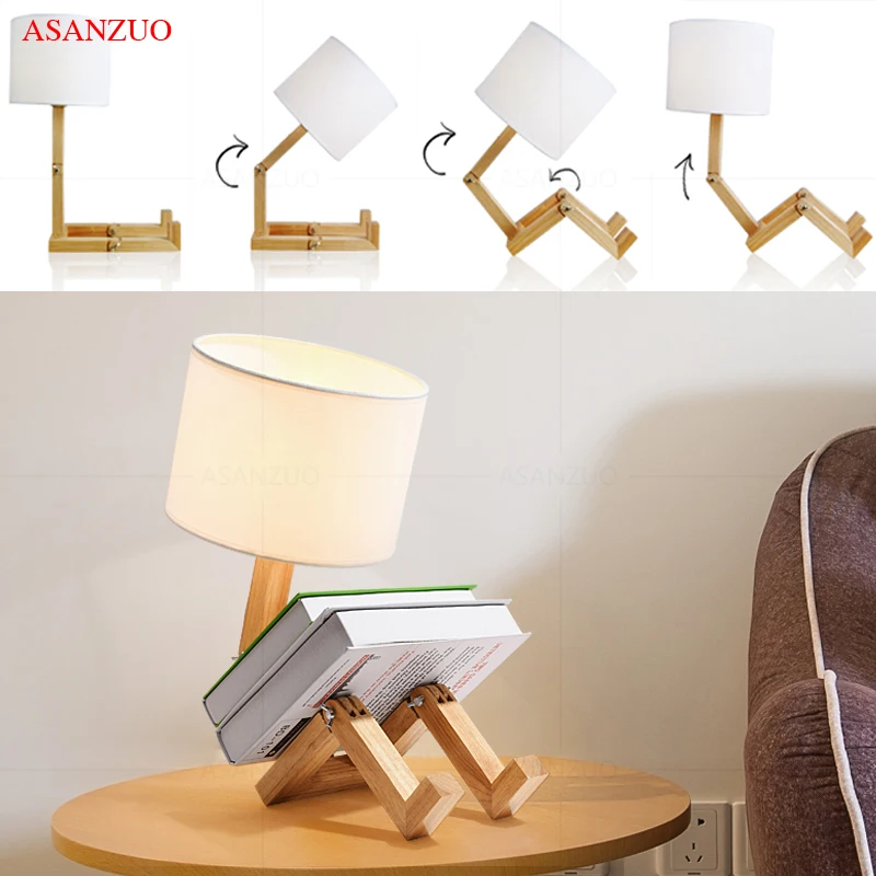 Nordic Art Wooden Robot Shaped Table Lamp Modern Living Room Bedroom bedside lamp Study Decor LED Desk Lamp E14