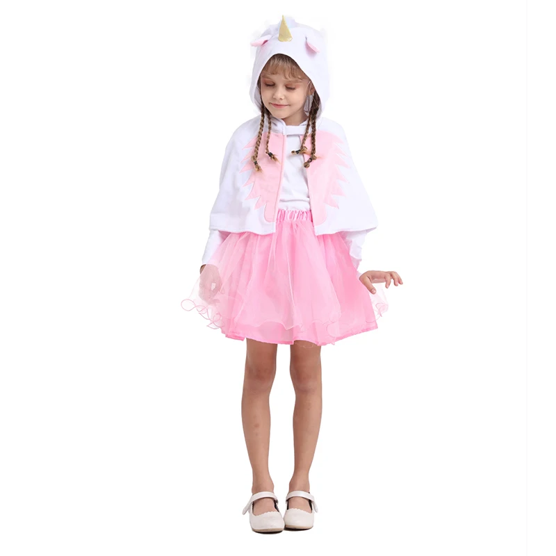 Carnival Unicorn Dress Girls Unicorn Hooded Cape Costume Halloween Princess Cloak Dresses For Birthday Party Kids White